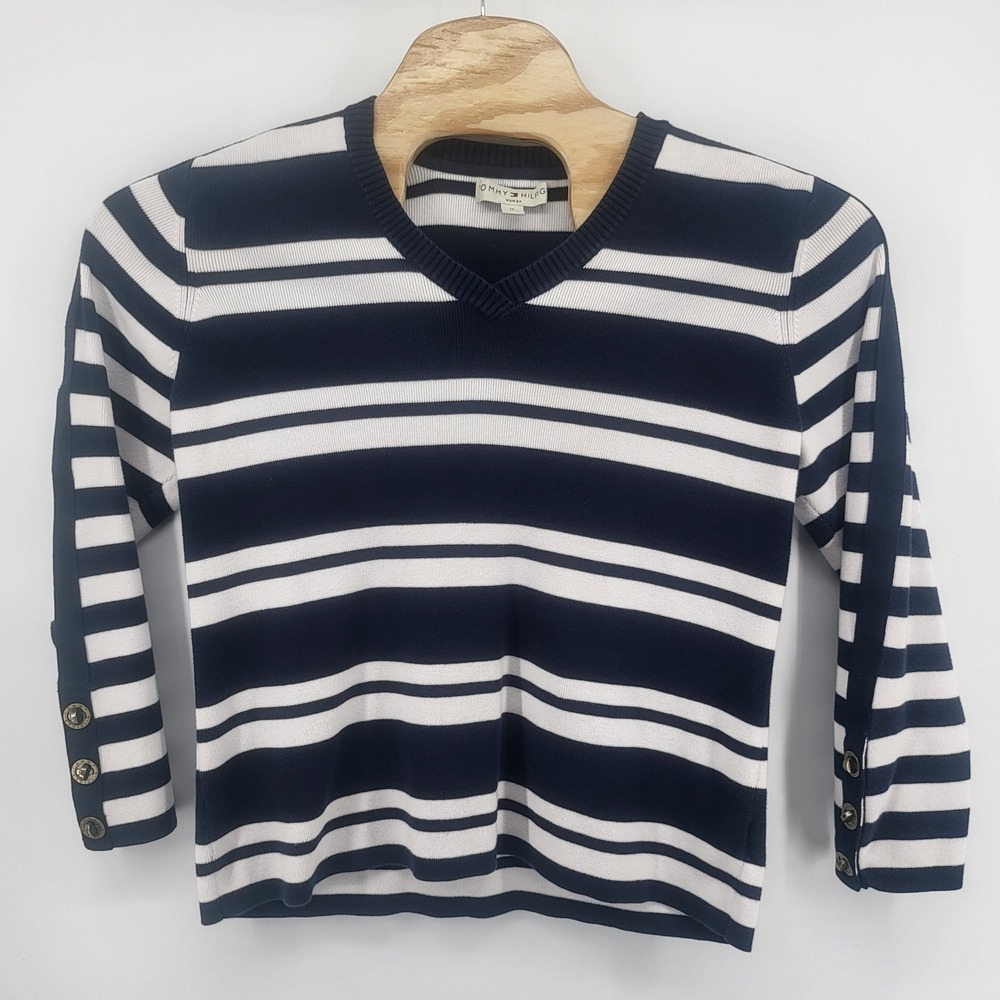 Tommy Hilfiger Woman 1X Navy Blue Striped 3/4 Sleeve Button Cuff V-Neck Sweater